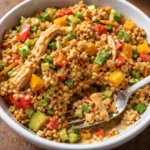 chicken crispy rice salad with peanut dressing fresh greens and crunchy chicken pieces