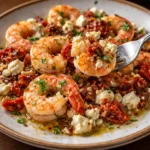 Mediterranean shrimp and feta dish cooked with fresh herbs and olive oil on a rustic plate
