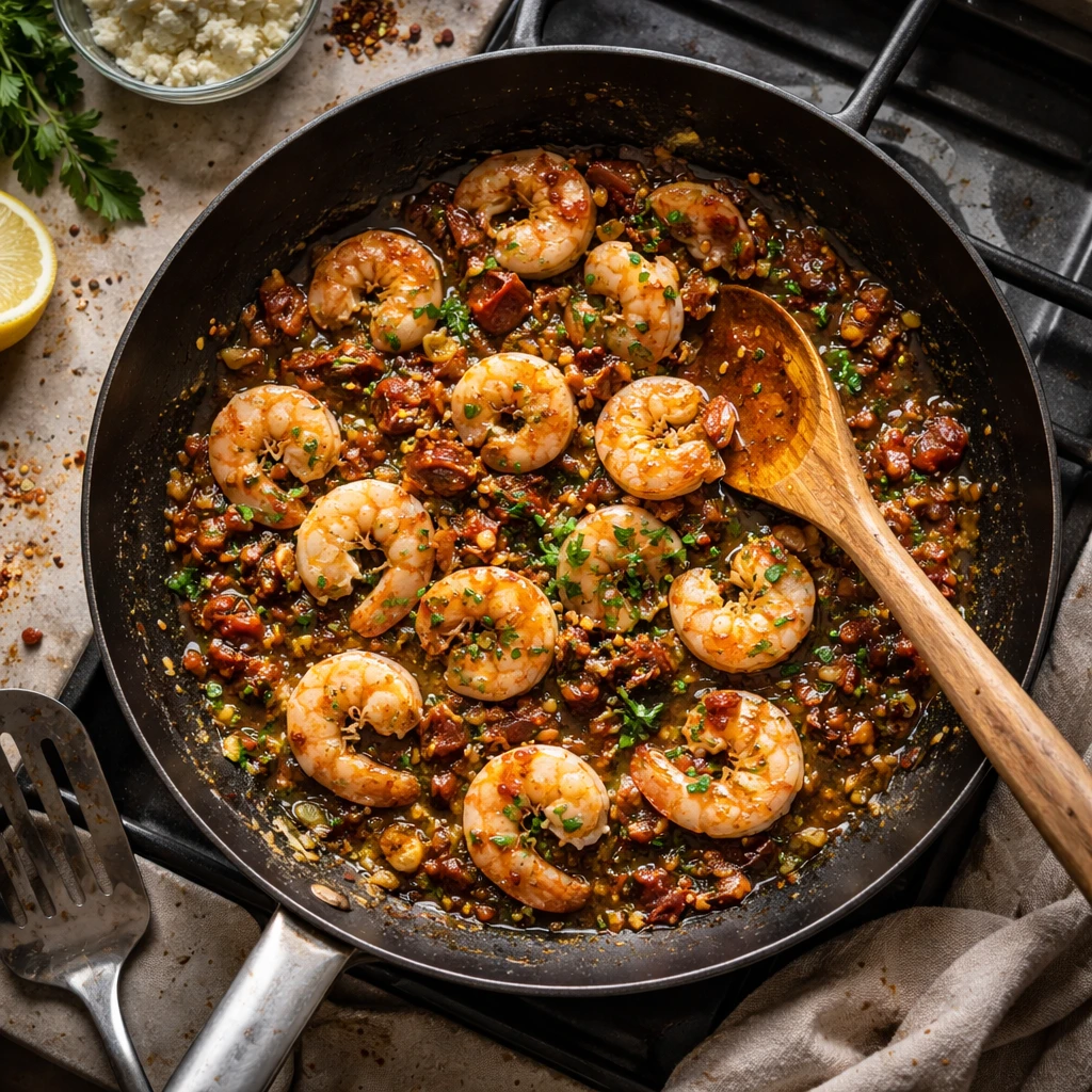 Mediterranean shrimp and feta dish cooked with fresh herbs and olive oil on a rustic plate