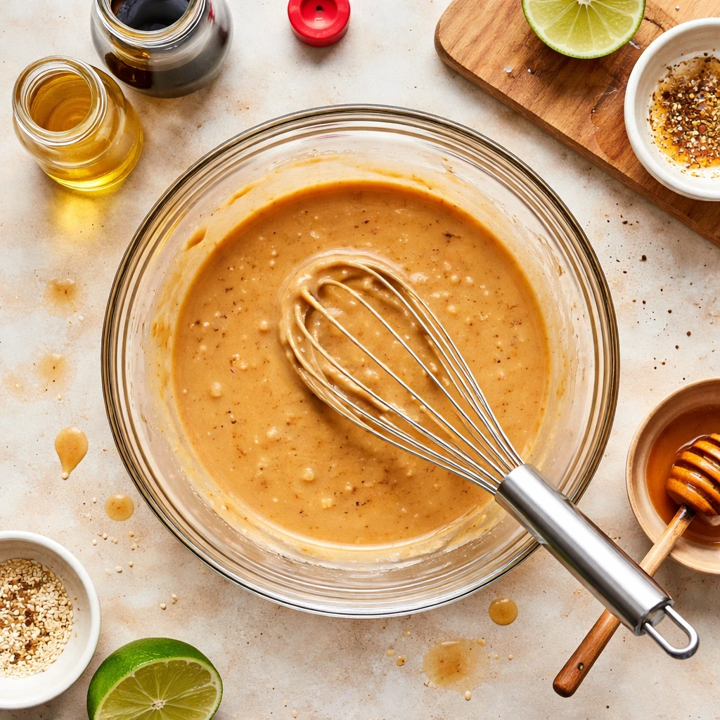 chicken crispy rice salad with peanut dressing fresh greens and crunchy chicken pieces