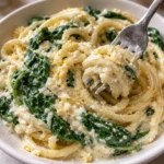 lemon ricotta pasta and spinach close up view of creamy pasta with fresh spinach leaves