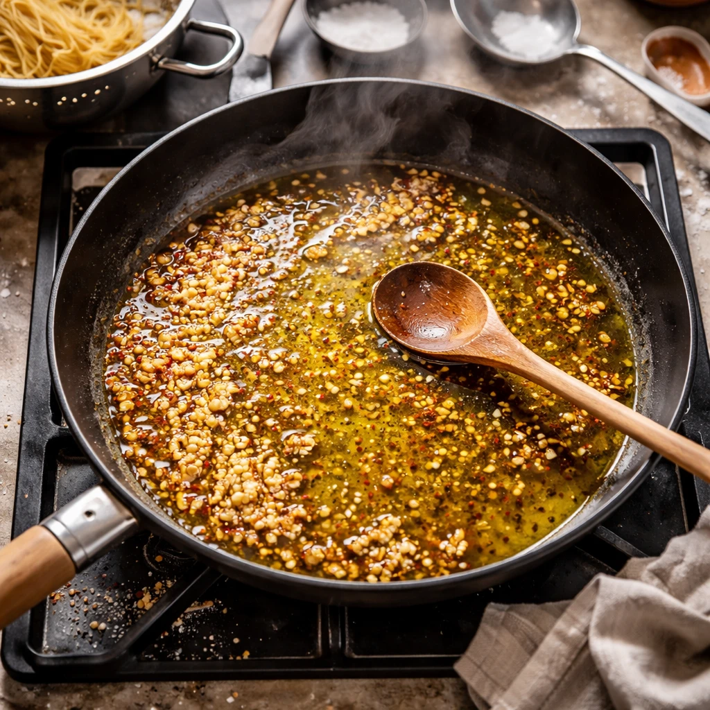 italian pasta with garlic olive oil sauce served on a plate close up showing the golden garlic infused olive oil coating the pasta strands