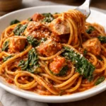 tomato spinach chicken spaghetti with juicy chicken and fresh spinach in a comforting pasta dish