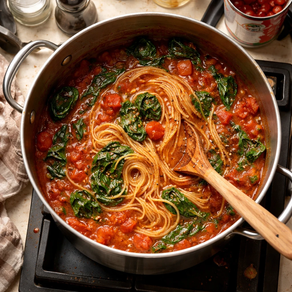 tomato spinach chicken spaghetti with juicy chicken and fresh spinach in a comforting pasta dish