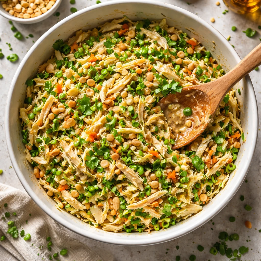 thai chicken salad with crunchy nuts tangy dressing and fresh vegetables
