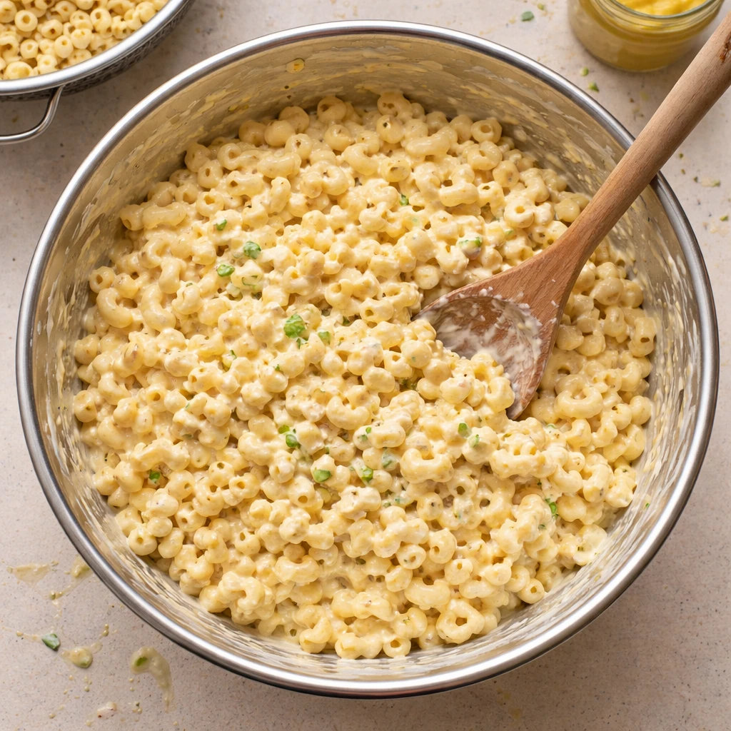 deviled egg macaroni salad creamy picnic side dish with macaroni eggs and mayonnaise