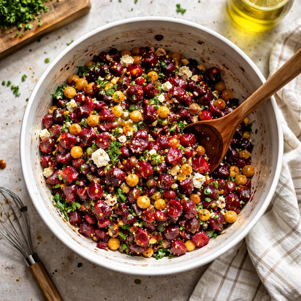 chickpea beet and feta salad fresh healthy vegetarian recipe colorful ingredients bowl