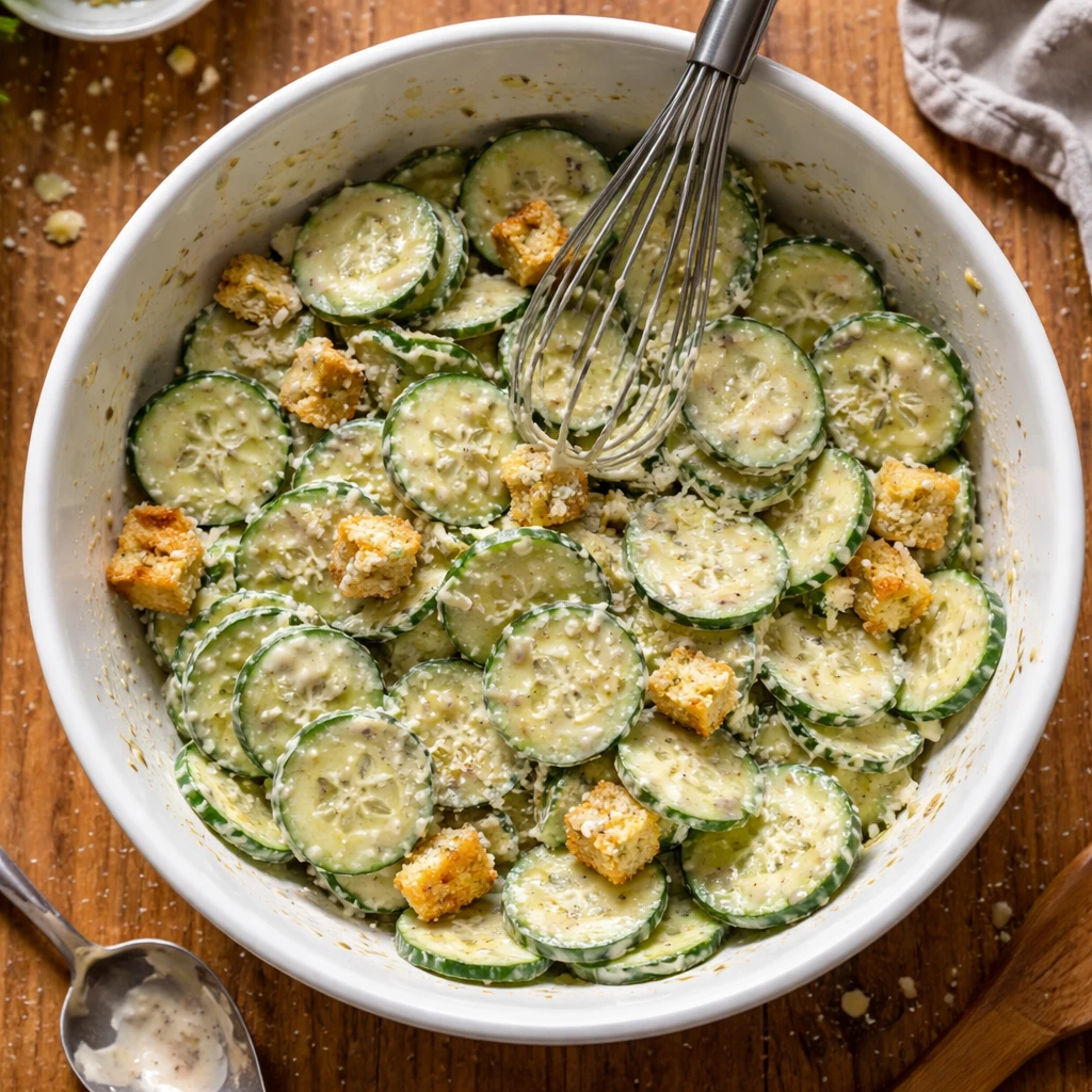 Cucumber Caesar Salad with fresh cucumbers and creamy Caesar dressing on a bed of crispy lettuce