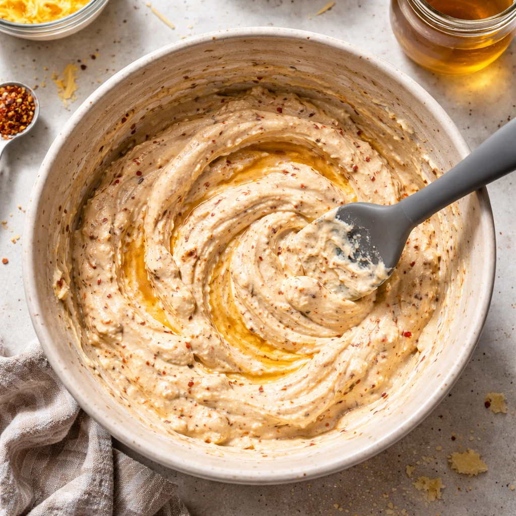 hot honey cheese dip creamy cheesy snack with spicy sweet honey drizzle on plate