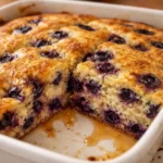 blueberry buttermilk pancake casserole baked breakfast dish with fresh blueberries and golden pancakes in a casserole dish