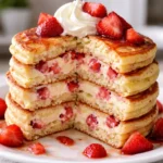 stack of strawberry cheesecake pancakes with fresh strawberries and cream on a plate breakfast dessert recipe