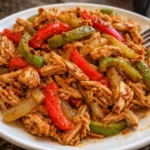 easy crockpot chicken fajitas cooked in a slow cooker with bell peppers and onions