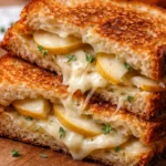 brie and pear grilled cheese sandwich close up on toasted bread melted cheese and fresh pear slices