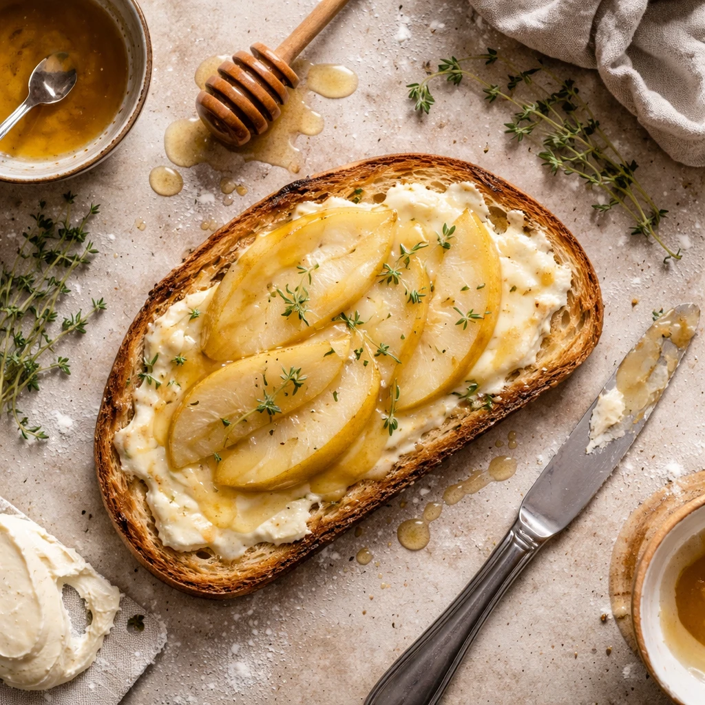 brie and pear grilled cheese sandwich close up on toasted bread melted cheese and fresh pear slices