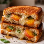 honey peach and white cheddar grilled cheese sandwich with melted cheese and grilled bread on wooden board