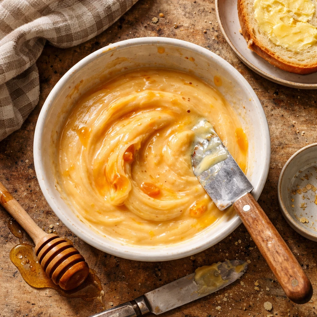 honey peach and white cheddar grilled cheese sandwich with melted cheese and grilled bread on wooden board