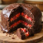 indulgent strawberry chocolate shell cake with fresh strawberries and rich chocolate layers on a plate