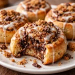 chocolate chip cookie cinnamon rolls on a plate ready to eat