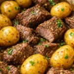 slow cooker garlic butter beef with potatoes close up of tender beef and seasoned potatoes in a slow cooker bowl
