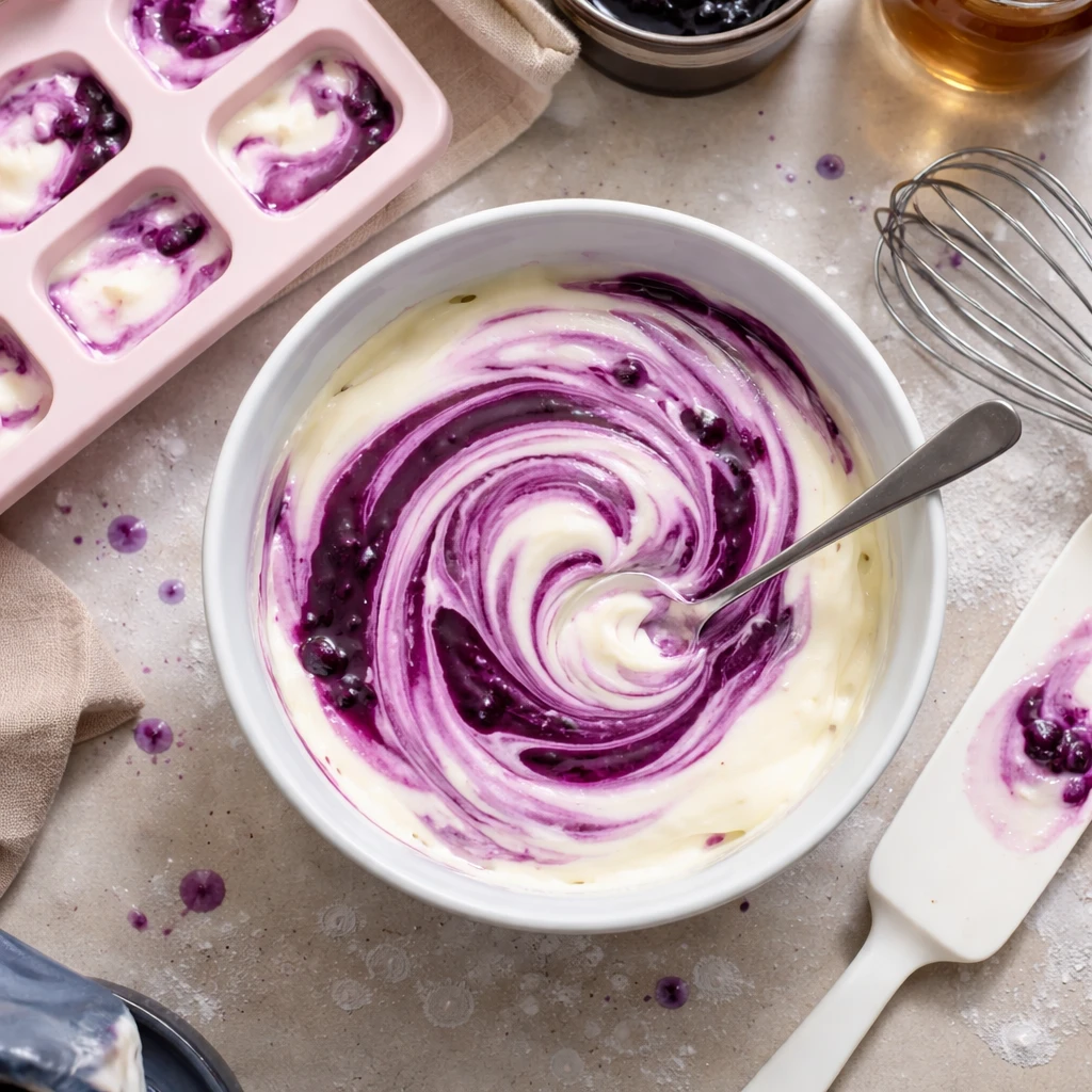 blueberry swirl yogurt bites healthy snack idea with fresh blueberries and creamy yogurt swirl on a plate