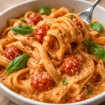 creamy tomato garlic pasta with velvety noodles in luscious tomato sauce