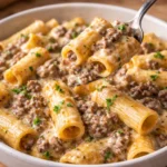 creamy parmesan beef rigatoni pasta with rich sauce and parmesan cheese on a plate