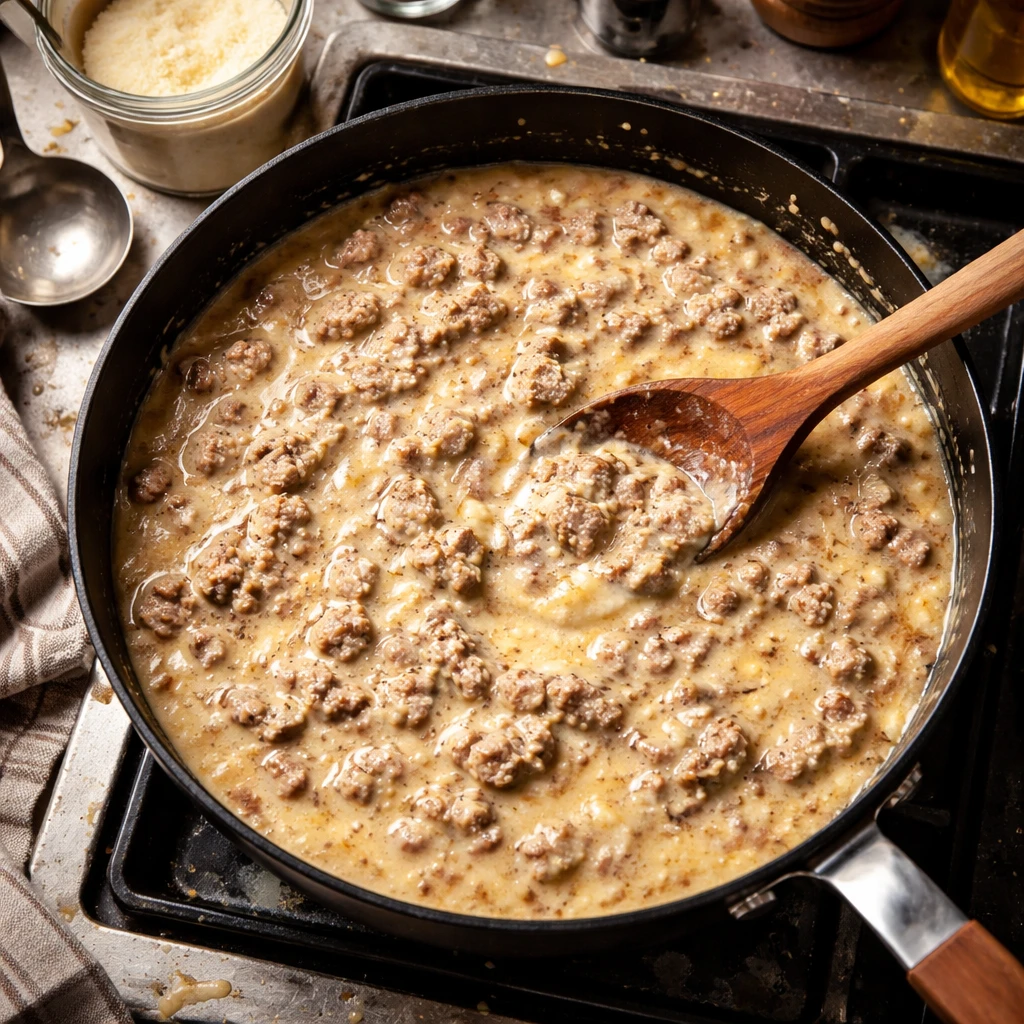 creamy parmesan beef rigatoni pasta with rich sauce and parmesan cheese on a plate