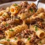 creamy high protein beef pasta dish with rich sauce and cooked pasta on plate