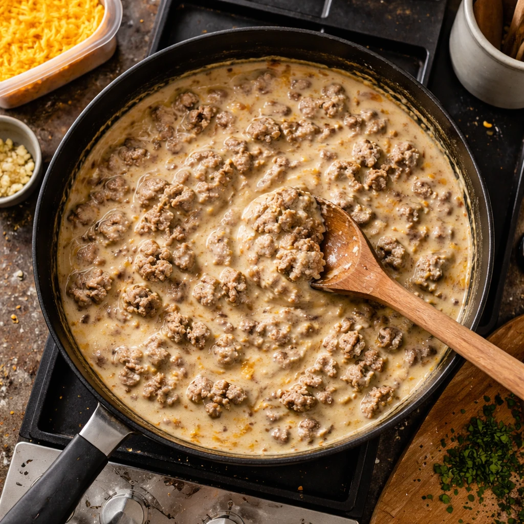 creamy high protein beef pasta dish with rich sauce and cooked pasta on plate