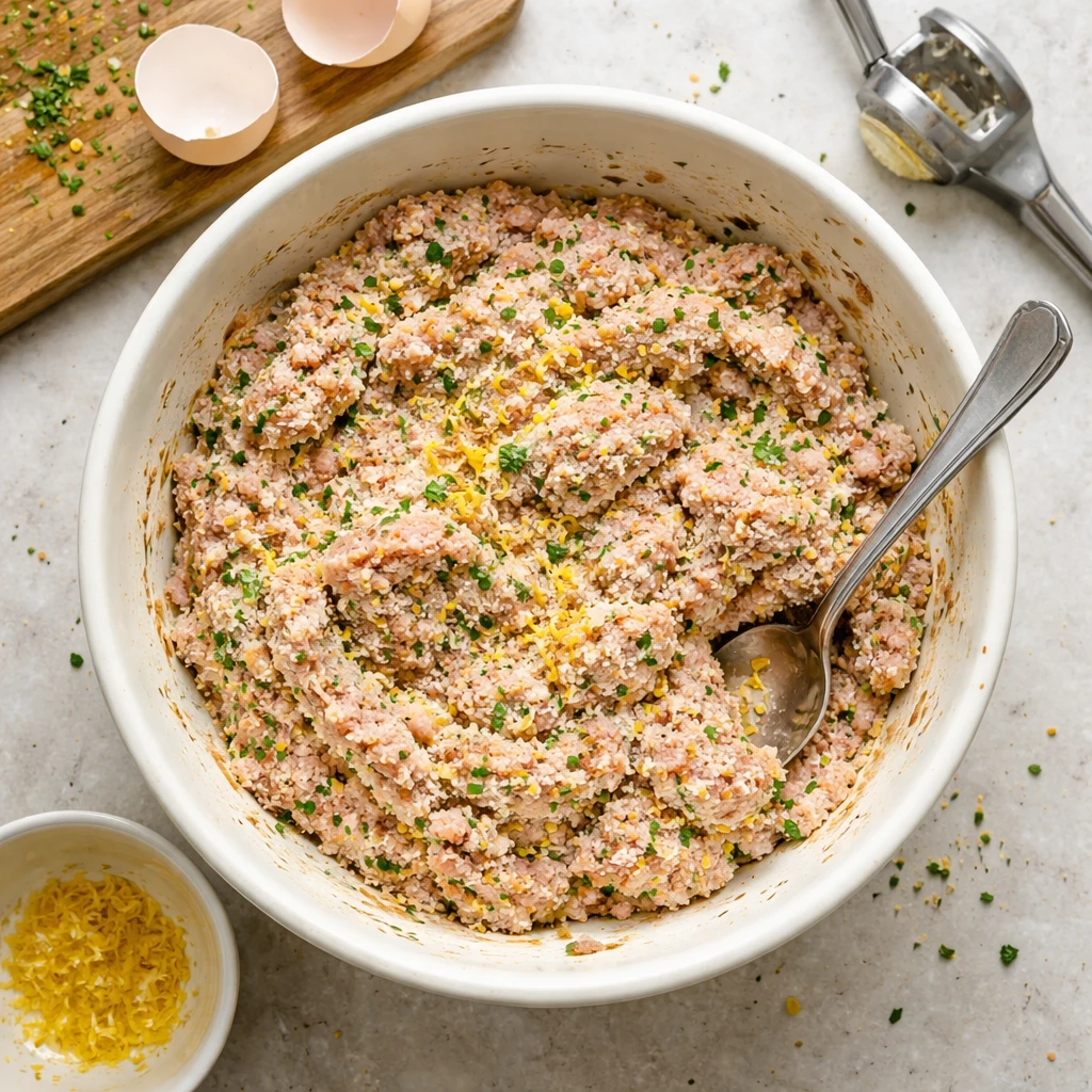 Greek chicken meatballs served with lemon flavored orzo pasta on a white plate