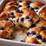blueberry cream cheese croissant casserole breakfast dish with fresh blueberries and creamy cheese on flaky croissants