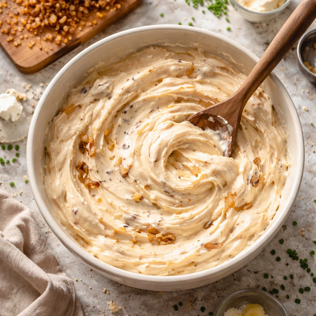 smoked gouda and caramelized onion dip in a bowl ready to serve