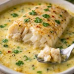 baked cod in coconut lemon cream sauce served on a plate with creamy sauce and lemon wedges