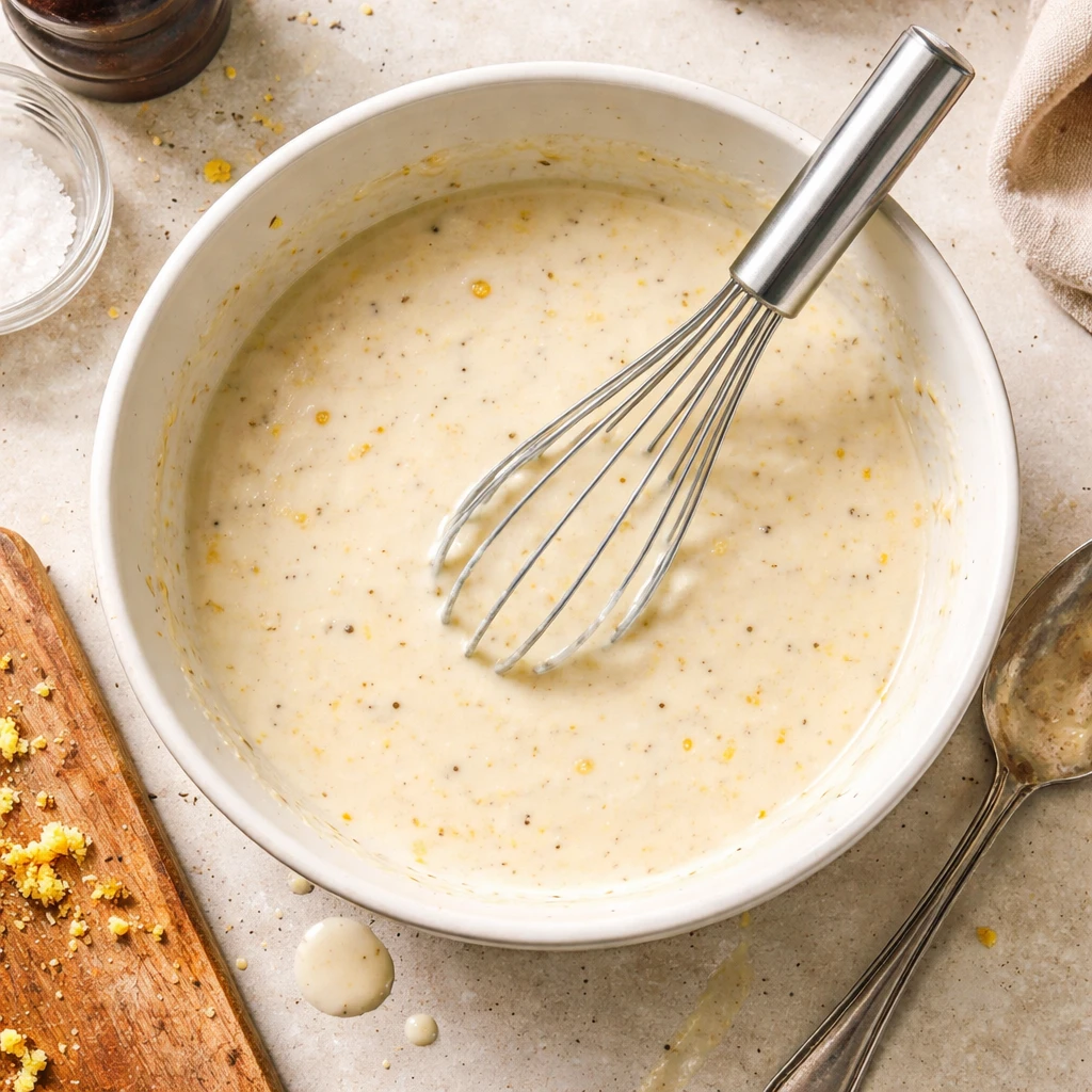 baked cod in coconut lemon cream sauce served on a plate with creamy sauce and lemon wedges