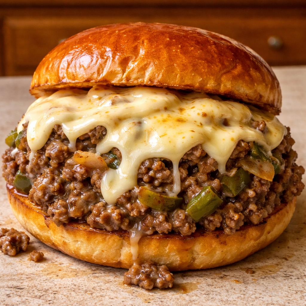 gordon ramsay philly cheesesteak sloppy joes sandwich with melted cheese and savory beef filling on a toasted bun