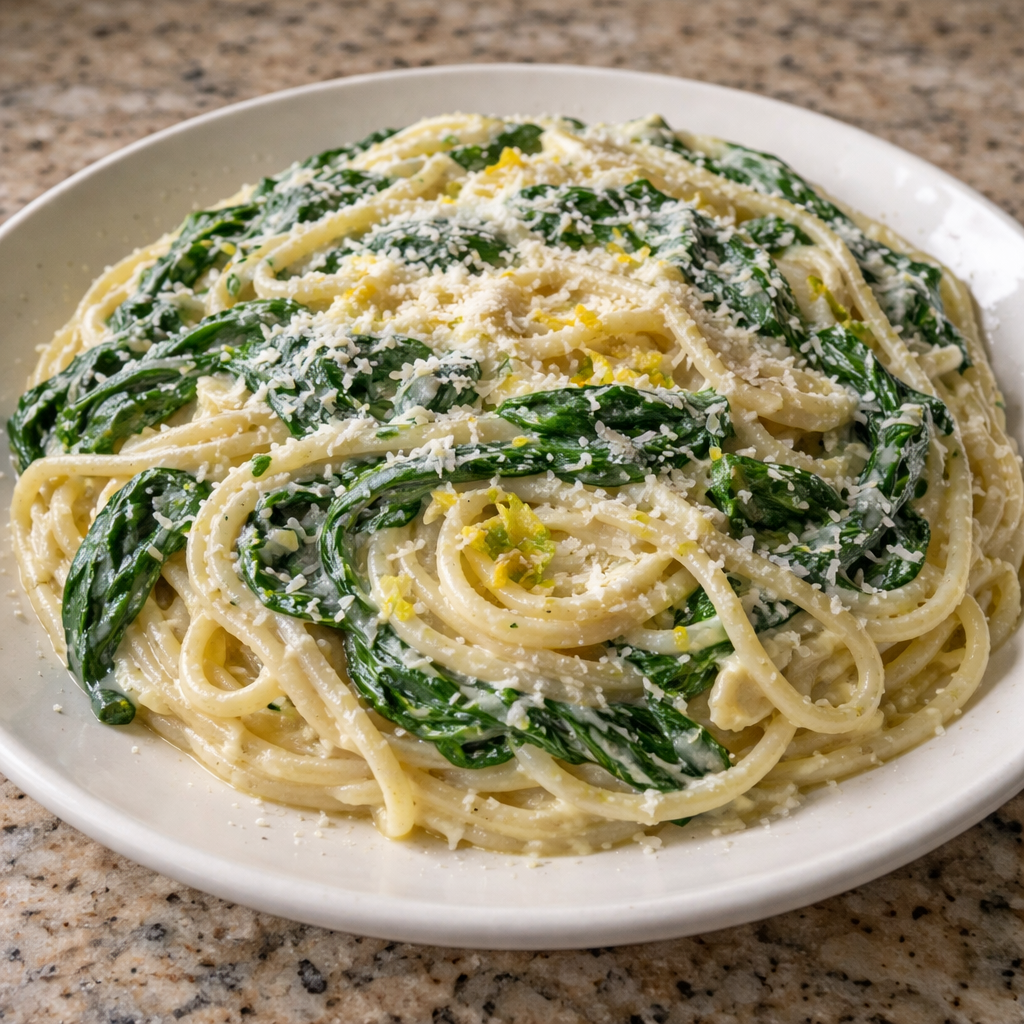 lemon ricotta pasta and spinach creamy pasta dish with fresh spinach leaves on a white plate healthy Italian recipe