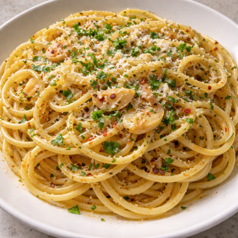 italian pasta with garlic olive oil sauce close up of homemade pasta with garlic and olive oil sauce on a plate
