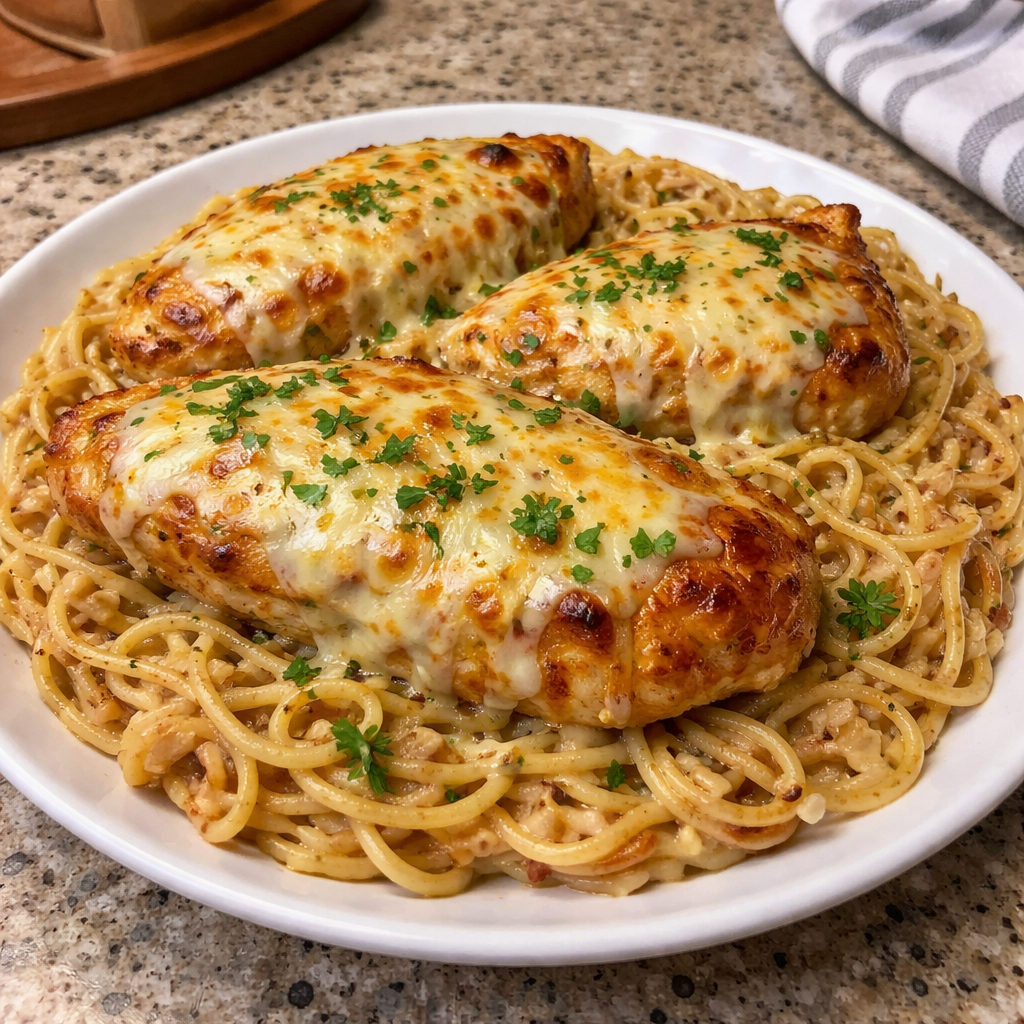 monterey chicken spaghetti dish with pasta and chicken in a creamy sauce on a plate