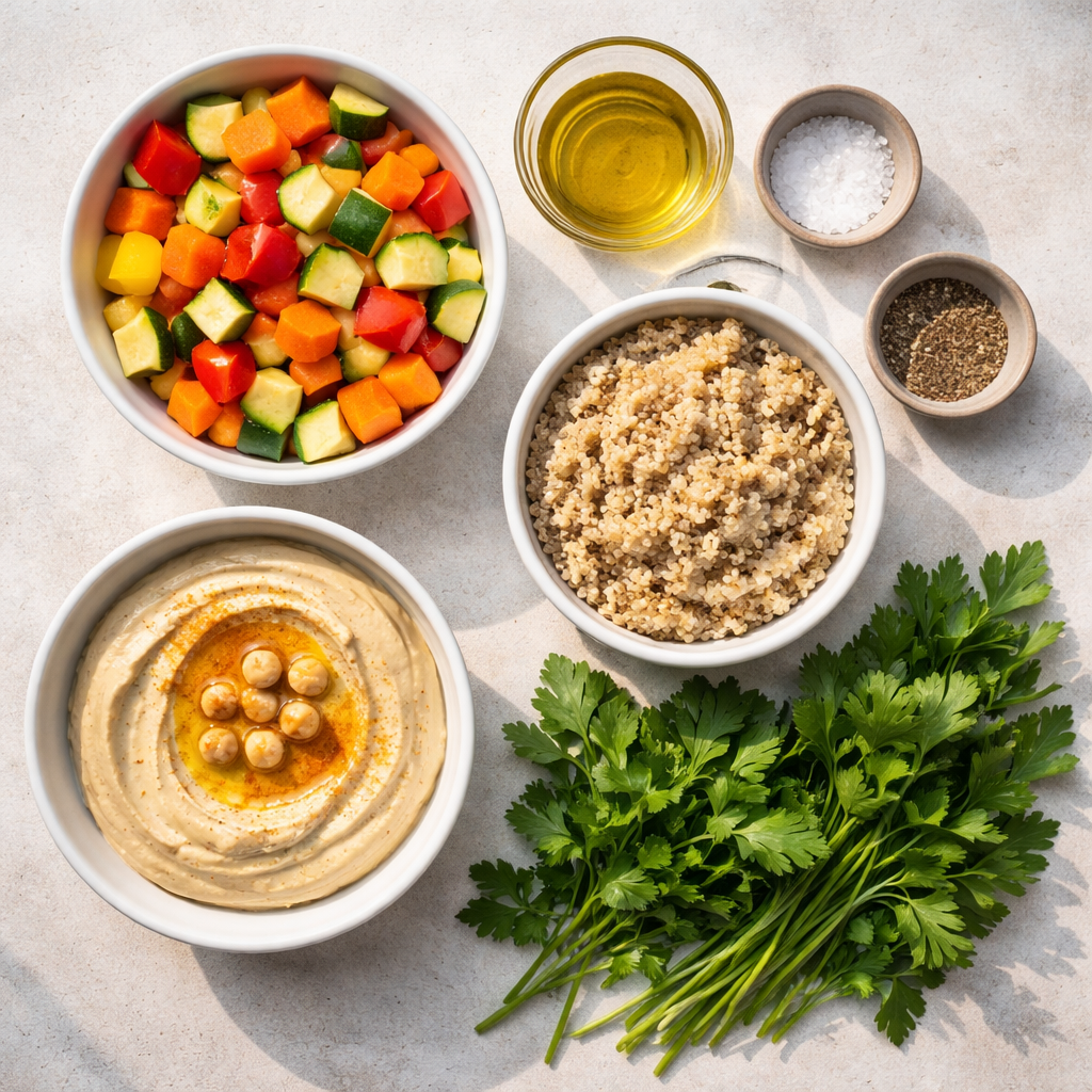 roasted veggie and hummus bowl with colorful vegetables creamy hummus and quinoa healthy easy meal