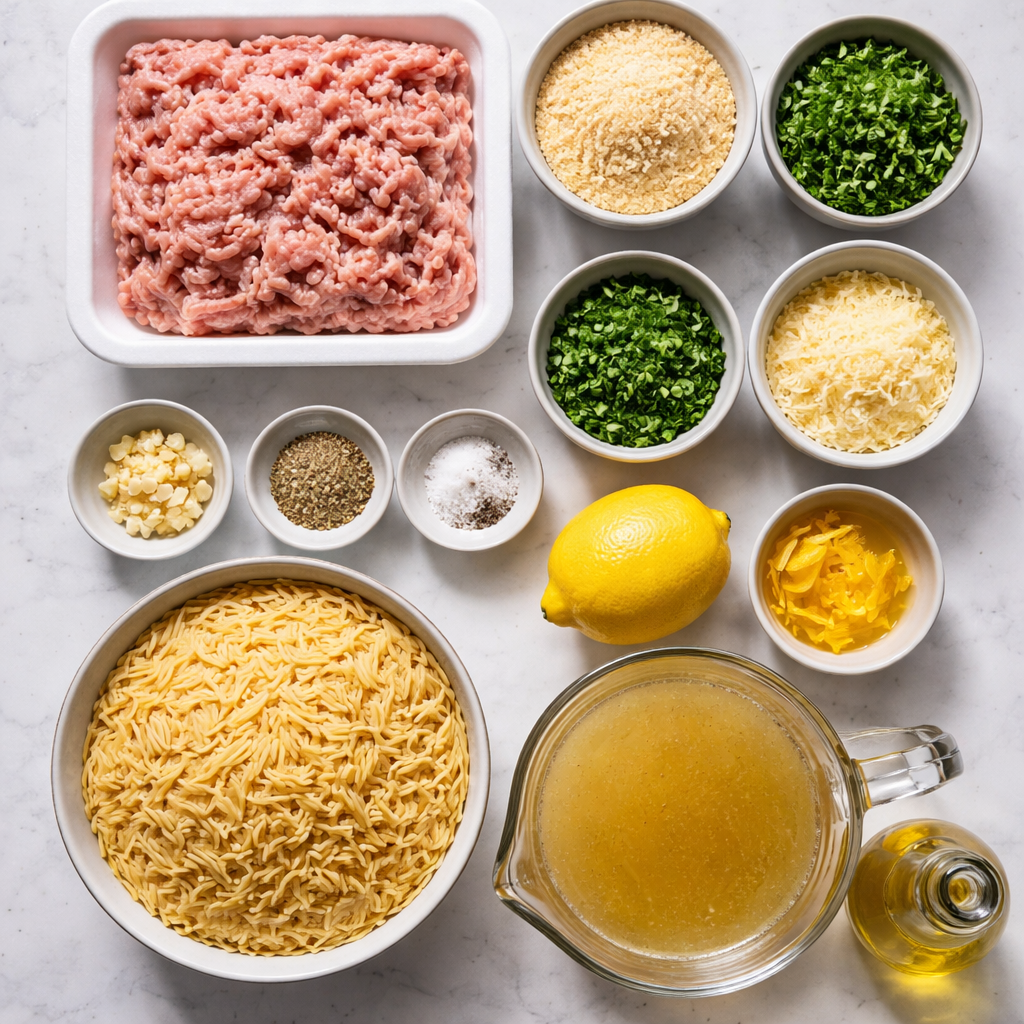 Greek chicken meatballs served with lemon flavored orzo pasta on a white plate