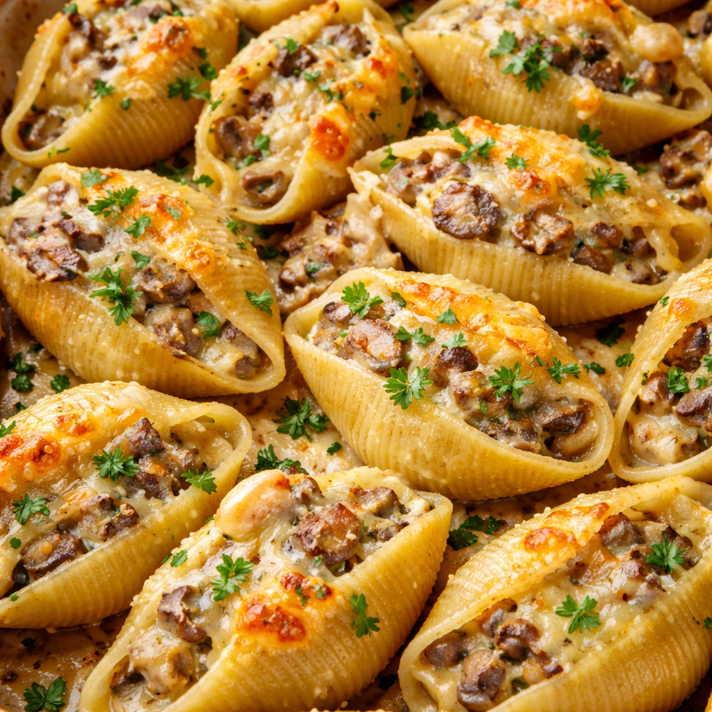 creamy garlic mushroom stuffed shells baked pasta with cheese and mushrooms in sauce
