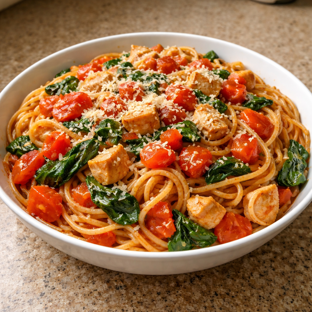 tomato spinach chicken spaghetti in a bowl with cooked chicken and fresh spinach on spaghetti pasta comforting homemade meal