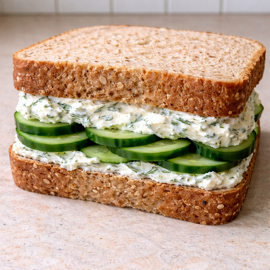 quick cucumber salad sandwiches with cream cheese and fresh cucumbers on bread for a light lunch or summer picnic
