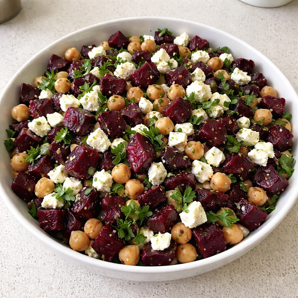 chickpea beet and feta salad fresh healthy vegetarian recipe vibrant colors nutritious ingredients bowl