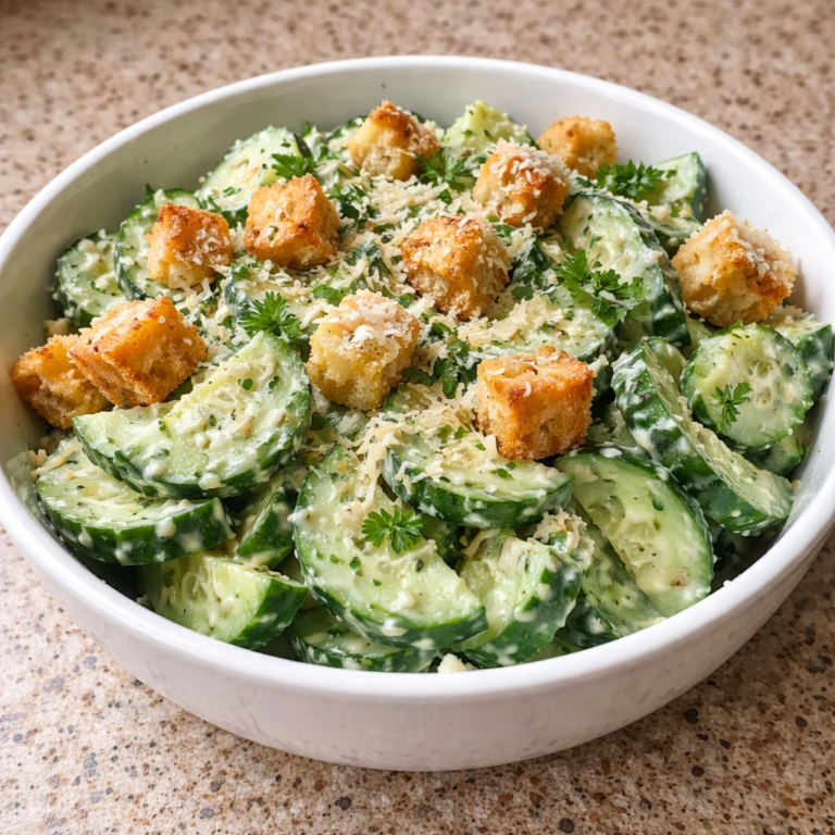 fresh cucumber caesar salad with crispy romaine lettuce and creamy dressing on white plate