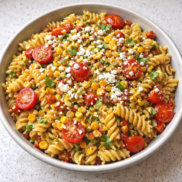juicy street corn pasta salad with sweet corn fresh veggies and pasta on a plate