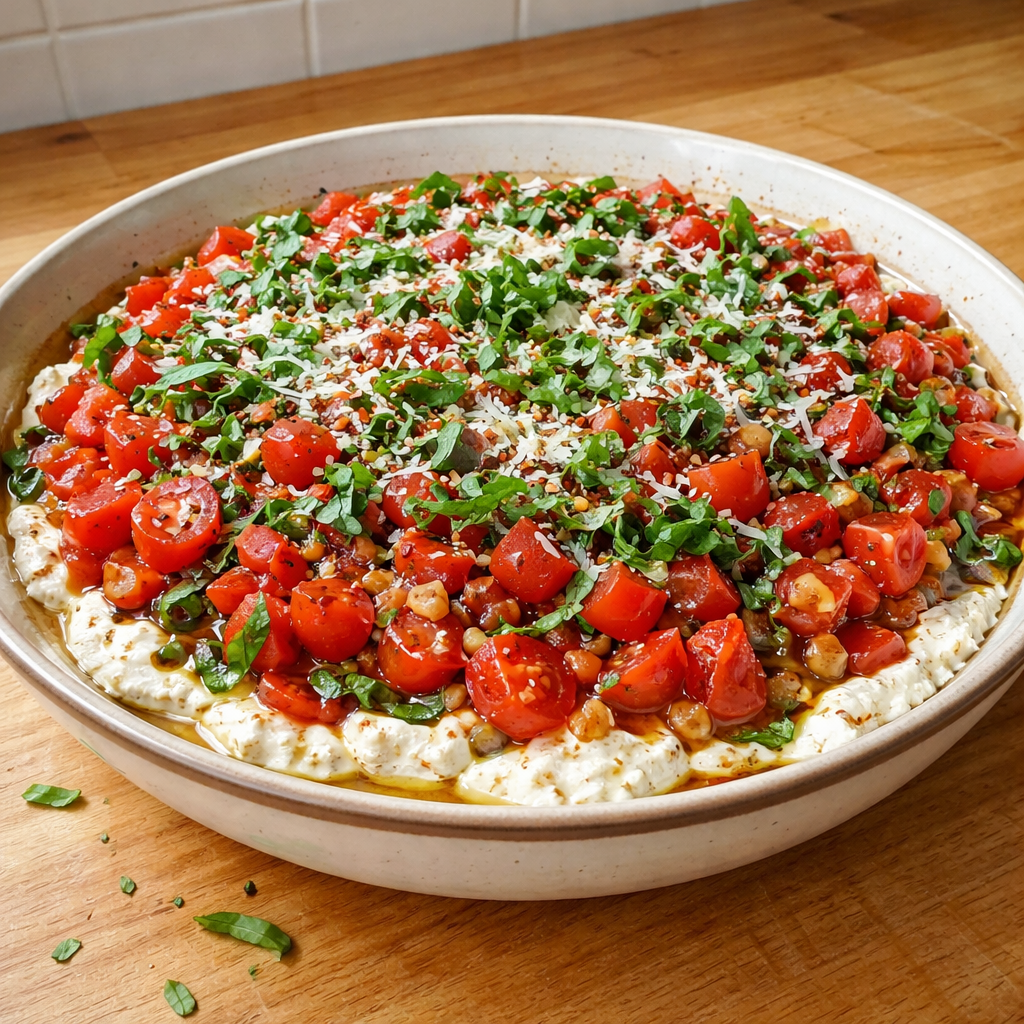 bruschetta dip vibrant flavorful appetizer served in bowl with fresh tomatoes basil and garlic on wooden table