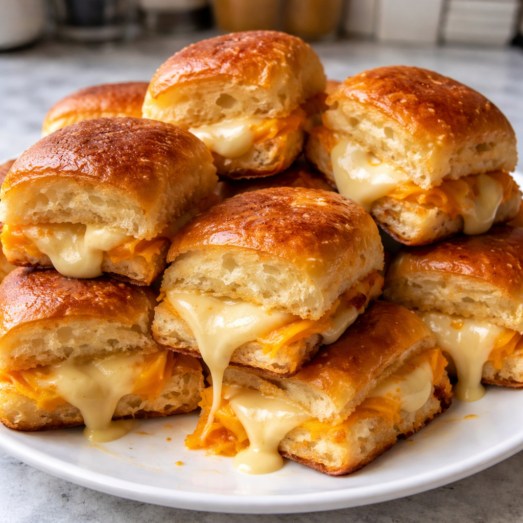 mini grilled cheese sandwiches on soft Hawaiian rolls with melted cheese