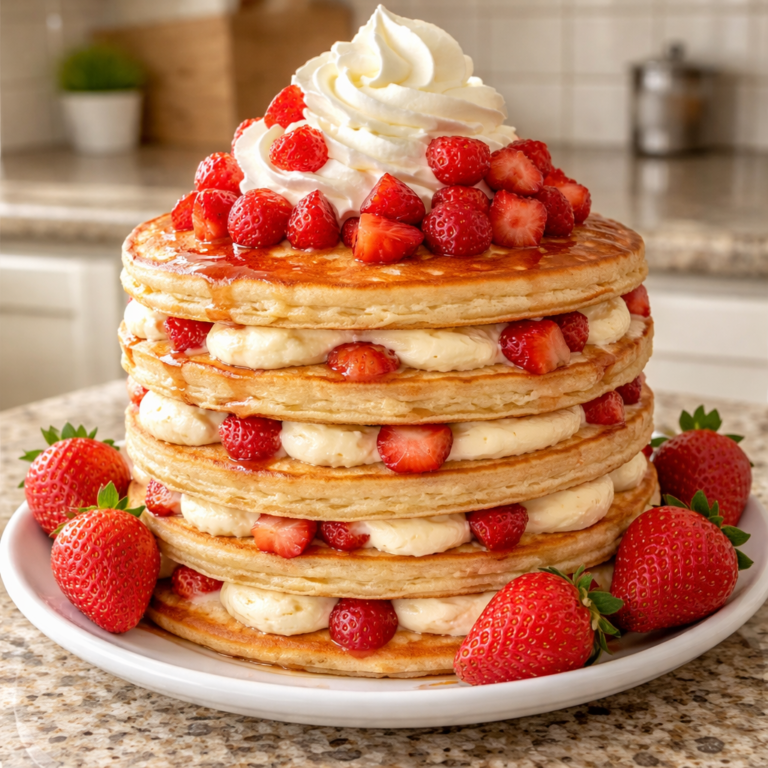 stack of strawberry cheesecake pancakes with fresh strawberries and creamy cheesecake filling on a white plate for breakfast