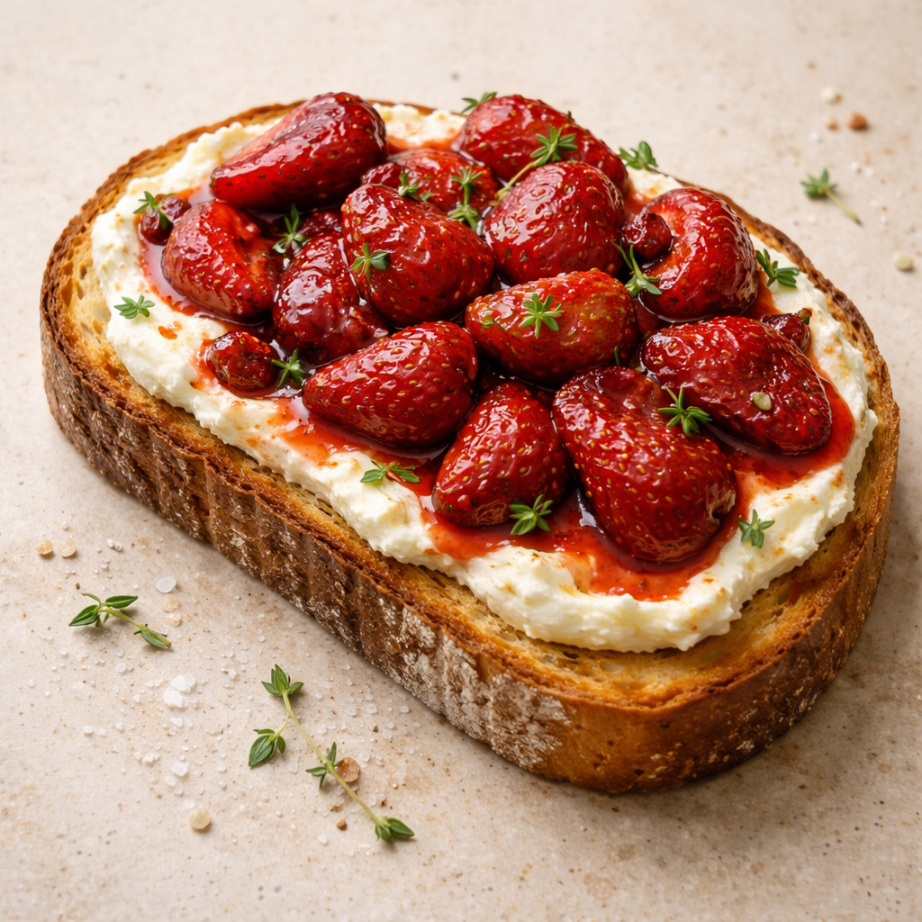 roasted strawberry whipped ricotta toast breakfast brunch recipe savory sweet simple delicious